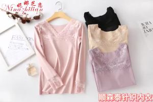 ali Womens Thermal Underwear plus Size v Collar Goddess Clothes Long Sleeve Lace Thermal Clothes Womens Fleece-lined Thickened Bottoming Shirt Womens Autumn and Winter