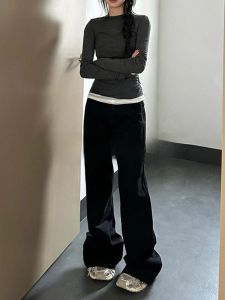 กางเกงยีนส์ทรงหลวมเอวต่ำสีดำ กางเกงขายาวทรงขาบานสไตล์อเมริกันสำหรับผู้หญิง กางเกงยีนส์ทรงหลวมสบายๆ ทรงลำลอง