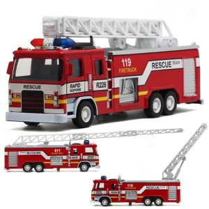 1:32 Fire Truck Model Toy Car Alloy Body Rubber Tire Music Light Pull Back Climbing Water Tank 119 Vehicles Models Toys Gifts
