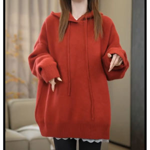 เสื้อสเวตเตอร์ถักแขนยาวสีแดง ทรงหลวม สำหรับผู้หญิง เสื้อคลุมกันหนาวแบบสวมหัว ผ้าฝ้ายผสมโพลีเอสเตอร์ ฤดูใบไม้ร่วง/ฤดูหนาว