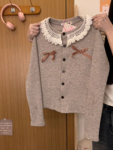 Sweet Fitted Long Sleeve Knitted Open Cardigan with Lace Splicing Butterfly Knot Design for Women Korean Style Polyester Blend