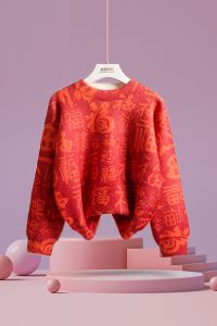 เสื้อสเวตเตอร์คอตั้งสำหรับเด็กชายและเด็กหญิงในฤดูใบไม้ร่วงและฤดูหนาว สีแดง เสื้อผ้าเด็ก ขนกระต่าย แขนยาว เสื้อผ้าสำหรับเด็ก วัสดุโพลีเอสเตอร์