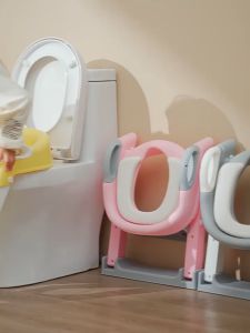ที่นั่งชักโครกสำหรับเด็กเสริม ที่นั่งชักโครกสำหรับทารก ห้องน้ำแบบพับบันไดสำหรับเด็กสีชมพู-เทา