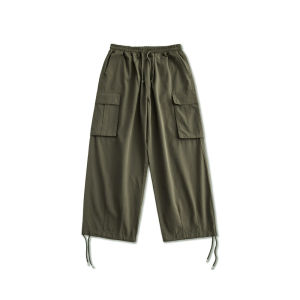 Retro Japanese Style Mens Workwear Pants Loose Straight Leg Casual Trousers with Large Pockets Trendy Loose Leg Trousers