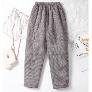 ล้างสต๊อกเก็บปลายทางกางเกงฮาเร็มผ้าฝ้ายผสมผ้าลินินลายสก๊อตหนาพิเศษสำหรับผู้หญิงกางเกงผ้าฝ้ายทรงหลวมไซส์ใหญ่กันหนาวใส่แล้วดูผอมเพรียวสำหรับคนตัวเล็ก