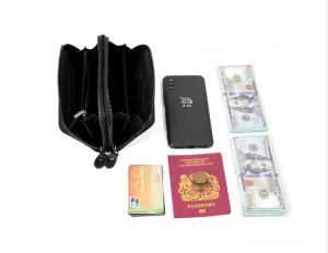 Carbon Fiber Long Wallet Black Genuine Leather Double Zip Wallet Double Layer Cowhide Clutch Multiple Card Slots Business Cell Phone Bag