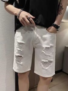 K-style Summer Silm Ripped Denim Mens Thin Straight-leg Fifth Pants Beggar Casual Easiest for Match Middle Pants Youth