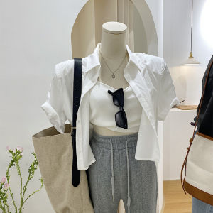 ไหล่ มีฟองน้ำ เสื้อเชิ้ต เสื้อแจ็คเก็ต ผู้หญิง ฤดูร้อน บาง สไตล์ฮ่องกง สั้นสูง เอว แขนสั้น เรียบหรู ดีไซน์ ไม่ซ้ําใคร อินเทรนด์ เสื้อท่อนบน