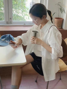 Early Autumn Loose Fit Long Sleeve White Shirt Womens Elegant Korean Style Commute Top Coat Cotton Button up Pure Color