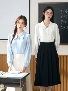 Miss Bird White V-Neck Professional Shirt Womens Interview Formal Chiffon Blouse Long Sleeve Teachers Outfit Straight Cut Style