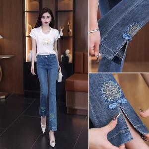 กางเกงขาม้าผ้ายีนส์สไตล์จีนสำหรับผู้หญิงแบบใหม่ฤดูใบไม้ผลิและฤดูร้อนกางเกงยาวระดับข้อเท้าผ้ายืดเอวสูงแบบลำลองแฟชั่นเข้ารูปแฟชั่นใส่แล้วดูผอมเพรียว