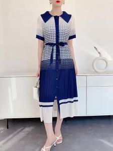 L-519 #   One Size (45-75kg) Summer Women Pleated  Miyake Style Tie Strap Printed Midi Dress