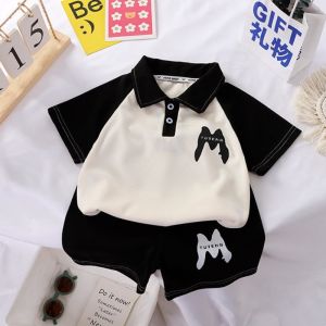 80-160เซนติเมตรเวอร์ชั่นเกาหลีเด็กเสื้อโปโลชายหญิงสีจับคู่กางเกงขาสั้นแขนสั้นปกชุดกีฬาลําลอง【HALOLO】