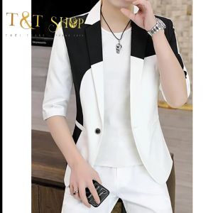 Áo vest nam tay lỡ phối 2 màu đen trắng cực chất phong cách Hàn Quốc N30