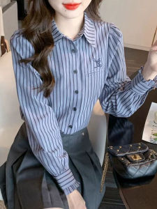 Elegant Embroidered Stripe Shirt Womens Long Sleeve Slimming Base Layer Top Vintage Style Loose Fit Button Detail Polo Neck