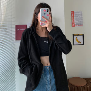 Gray Hooded Open Cardigan Sweatshirt Womens New 2024 Autumn Winter Fleece Loose Versatile Thin Casual Top Korean Style
