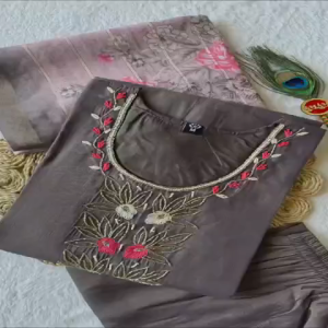 [PRE ORDER : 10 DAYS] Designer Vampire Grey Mul Chanderi Kurti Pant Set with Heavy Linen Jacquard Dupatta Size M to 2XL