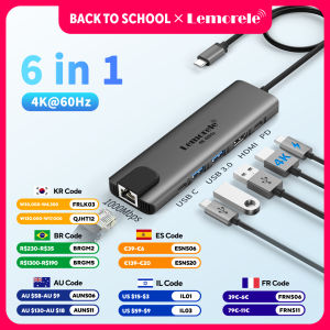 Lemorele | Lemorele TC44 USB C Hub 3.0 Port 6-IN-1 Docking station HDMI 4k 60HZ Display Type C adapter RJ45 100W for windows MacOs laptop