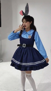 Zootopia Judy Hopps Costume Cartoon Cosplay For Adult Kids Halloween Birthday Outfits Cute Blue Dress Skirt  with Accessories Headband Halloween Birthday Party Outfits