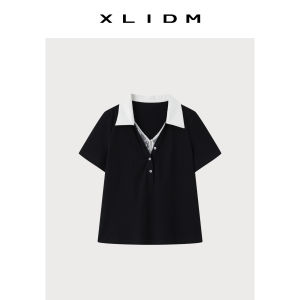 Cotton Lace Patchwork Polo Collar Short Sleeve Tshirt