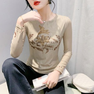 REHIN เสื้อยืดแขนยาวผู้หญิง S-4XL แฟชั่นคอกลมทรงสลิมฟิตสำหรับฤดูใบไม้ร่วง/ฤดูหนาวพิมพ์ลายตาข่ายลายดอกไม้พฤกษศาสตร์สไตล์ยุโรป