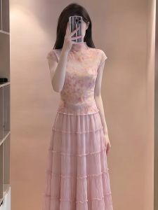 YIKEMAI | Design Sensation Large Size French Romantic Pink Waist-defining Slimming Dress Summer Set