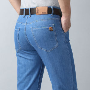 2026 New Spring Summer Ice Silk Thin Mens Light Blue Straight Slim Jeans Stylish Casual Stretch Denim Pants Classic Trousers 40
