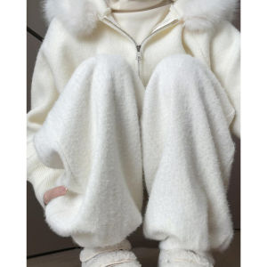 White Fluffy Lantern Pants Womens High Waist Casual Slimming Lazy Small Size Fleece Sweatpants Korean Style Commute Fashion