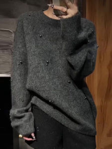 UYFY | Dark Gray Beaded Round Neck Knitwear Soft Versatile Elegant