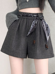 Gray Thickened Woolen Short Pants Womens Autumn Winter Small Size Outerwear Elastic Loose Slim A-Line Wide Leg Boot Pants