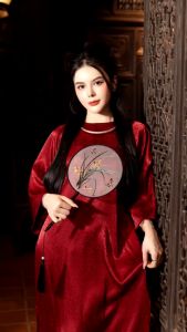 Áo dài dáng suông xưa cách tân nữ gấm đỏ đô cổ tròn Chaang may sẵn áo dài xuông bầu dự tiệc cưới hỏi lễ tết đẹp ADC756