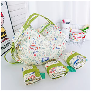 Foldable Cartoon Travel Shopping Bag Zipper Handheld Shoulder Backpack Multipurpose Ecofriendly Fabric Tote Bag for Family Use