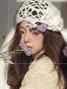 Small Knitted Woolen Hat Hollow out Floral 3D Embroidery All-Match Big Head Size Overhead Style Trendy Womens Cap