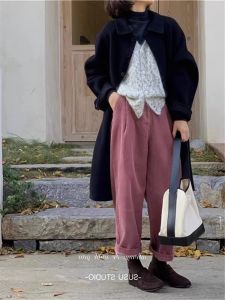 Quần Nhung Kẻ Màu Tím Rộng Rãi Cho Nữ Mùa Thu Đông Quần Ống Rộng Dài Đến Mắt Cá Chân Phong Cách Harajuku Quầnống Rộng Thoải Mái