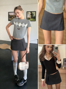 audwyn | Low Waist Stripe Pencil Mini Skirt with Double Layered Design