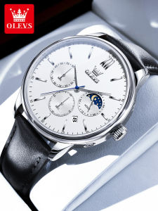 Olevs Mens Quartz Watch Fashionable round Dial Leather Strap Automatic Mechanical Wristwatch with Calendar And Moon Phase Display