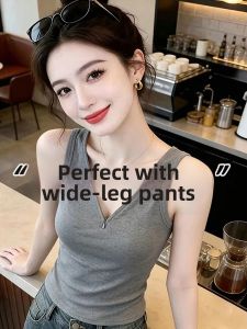 V.C.I | V Neck Gray Spaghetti Strap Tank Top Women Summer Luxury Short Sleeve