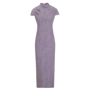 Purple Chinese Style Embroidered Improved Cheongsam Dress Womens Spring Summer New Retro National Style Waist Cinched Long Dress
