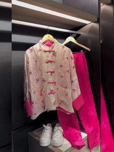 Elegant New Chinese Style Womens Suit Wide Leg Pants Shirt Two Piece Set Autumn Fashion Casual Polyester Blend Material