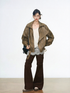 WESTAYONE | Motorcycle Style Leather Jacket Lace White Camisole Flared Brown Pants