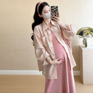 Trendy Slimming V-neck Dress and Sun-Protective Shirt Set for Pregnant Women