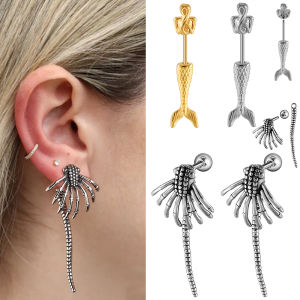 1-2PCS Retro Monster Spider Stud Earring Mermaid Labret Stud Punk Rock High Quality Stainless Steel Piercing Earring Ear Jewelry