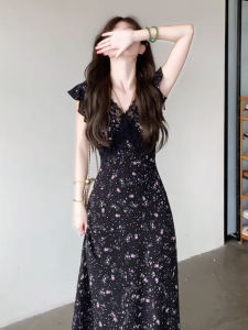 WNVSI | 2025 New Black Lace V-neck Floral Print Long Dress Womens Summer French Style Unique Beautiful Waist-cinched Dress Sweet Japanese Style