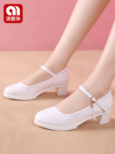 AOMANLIN | Elderly Women Platform Coarse Heel Shoes for Cheongsam Catwalk Medium Heel White