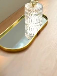 Nampan Tray Kaca Properti Foto Gold Glass Jewelry Display Plate Mirror Tray Photo Props