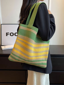 Graduated Rainbow Stripes Knitted Tote Bag Womens Underarm Large Capacity Handheld Shoulder Bag Fashionable 2025 New Style