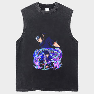 American Style Mens Vest Summer Washed Naruto Ninja Sleeveless T-Shirt Loose Fit Cotton Breathable round Neck Sweat Vest