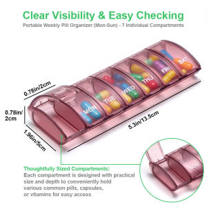 Weekly Pill Organizer Arthritis FriendlyBPA Free Travel 7 Day Pill Box Case with Open Design&Large Compartment to Hold Vitamins