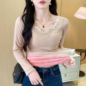 chaqi | Fleece Lined Long Sleeve Womens T-Shirt V-Neck Lace Splicing Warm Fashionable Slim Fit Base Layer Winter New Style Commute Style