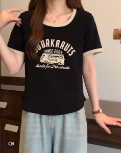 เสื้อยืดแขนสั้น ทรงพอดีตัว ลายตัวอักษร สไตล์เกาหลี เสื้อผ้ายืดเสี่ยง สีเทา สั้นสด ผ้าเสื้อมือ